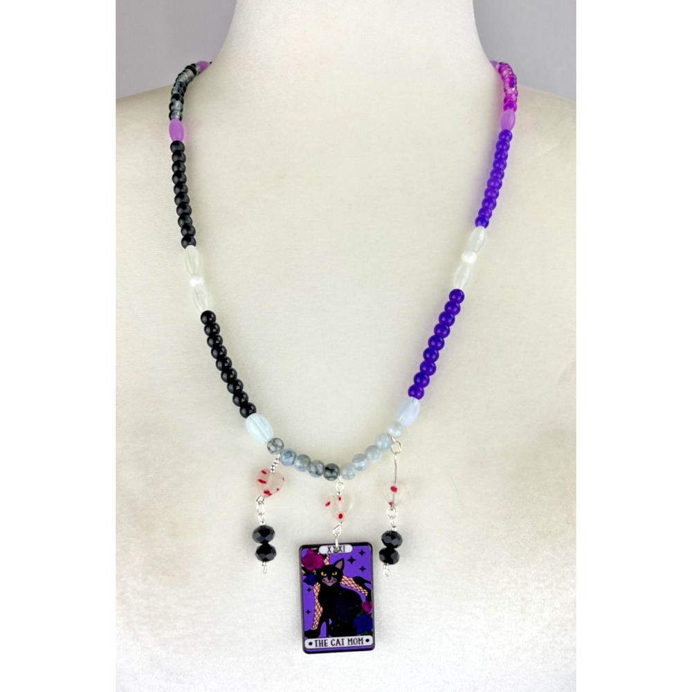 Purple Cat Mom Tarot Card Necklace Handmade Beaded Celestial Jewelry Witchy Goth